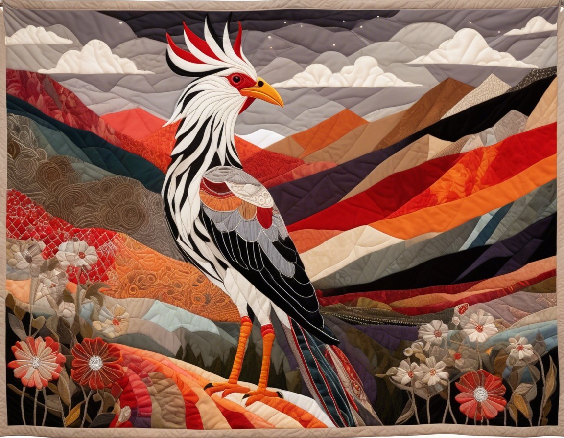 Vibrant quilt showcasing a bird and stylized mountains