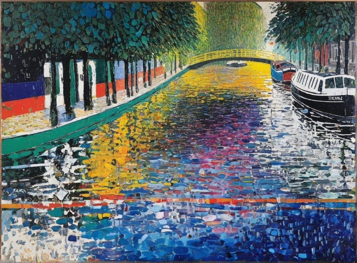 Vibrant Canal Scene with Lush Trees and Boats