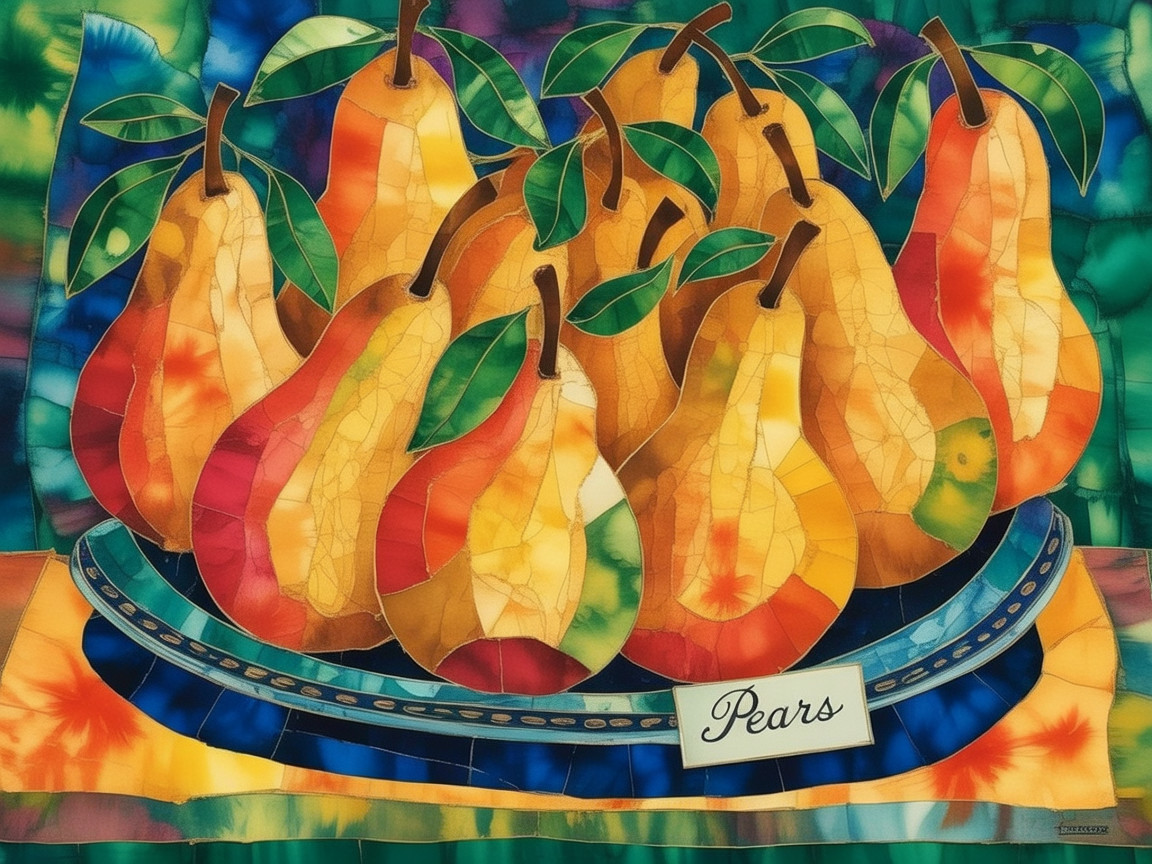 Vibrant Stained Glass Artwork of Pears on Blue Plate