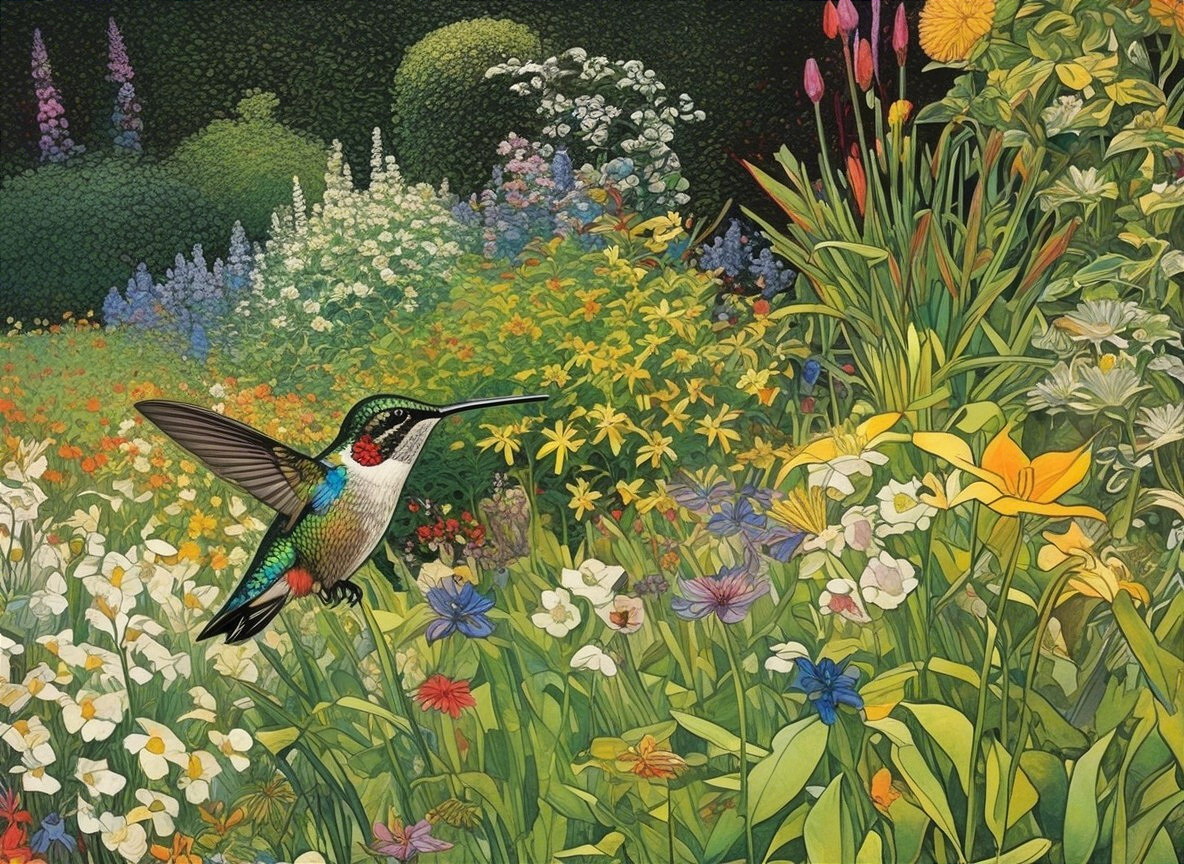 Hummingbird in a Colorful Flower Garden Scene
