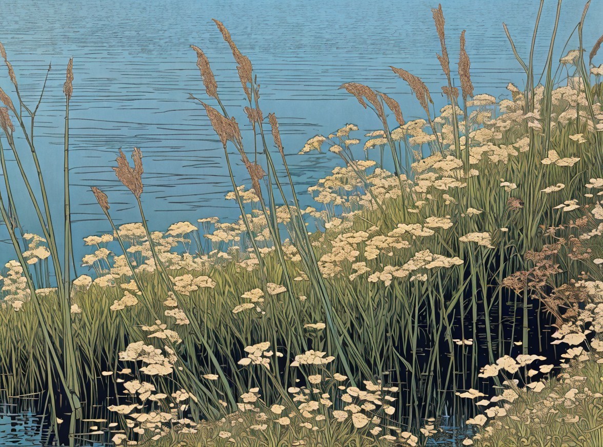 Lakeside Scene with Grasses and White Flowers