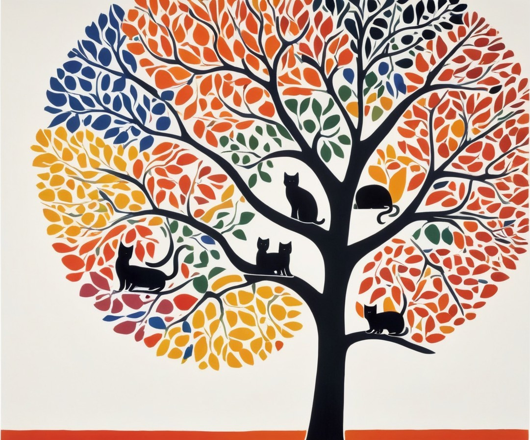 Whimsical Tree with Colorful Leaves and Black Cats