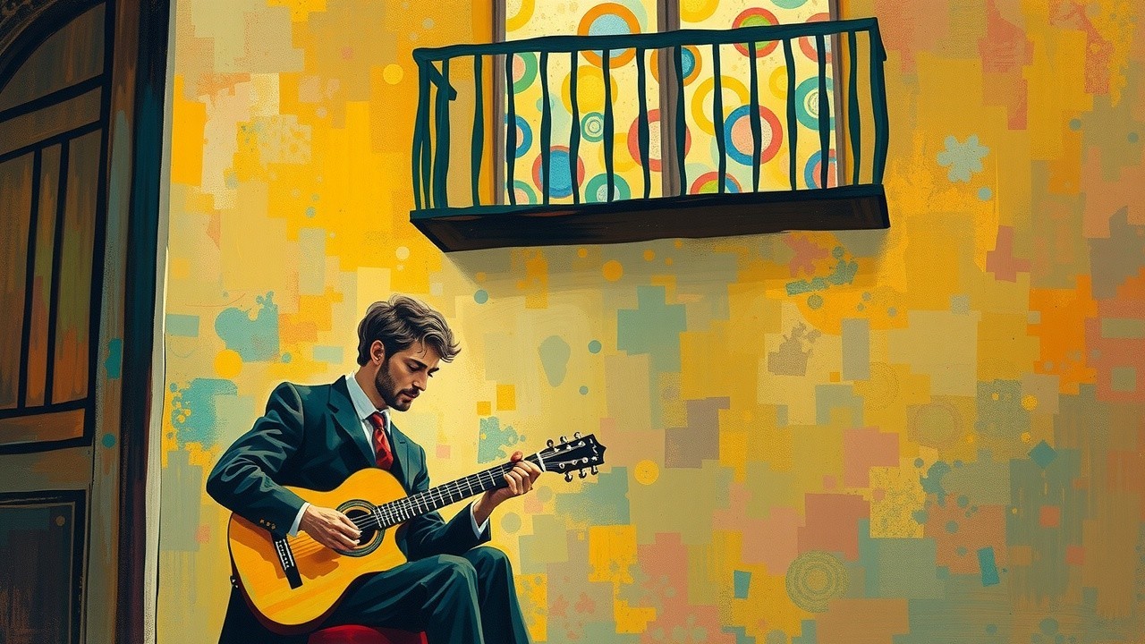 Musician in Suit Playing Guitar by Abstract Mural