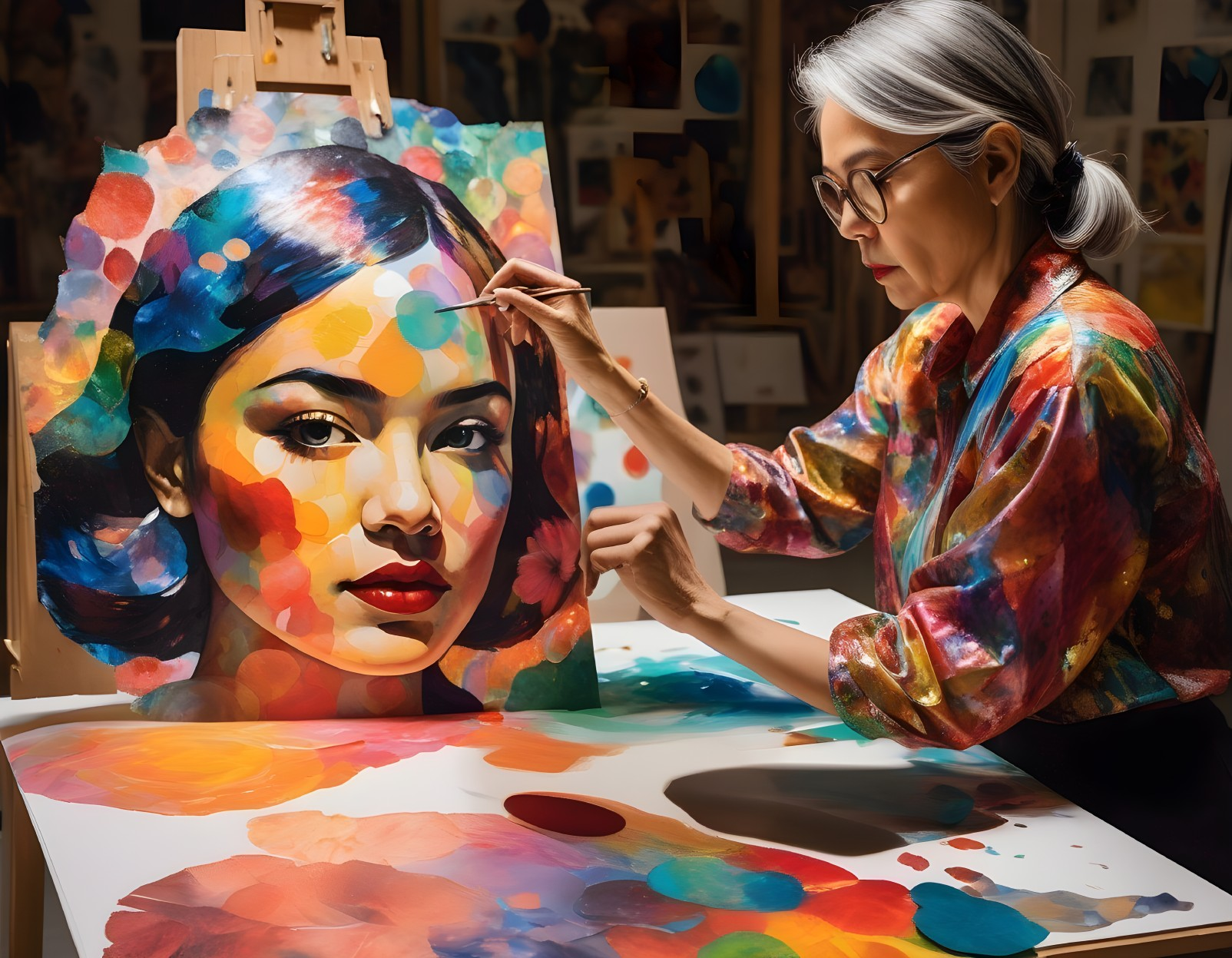 Gray-haired individual painting a colorful portrait