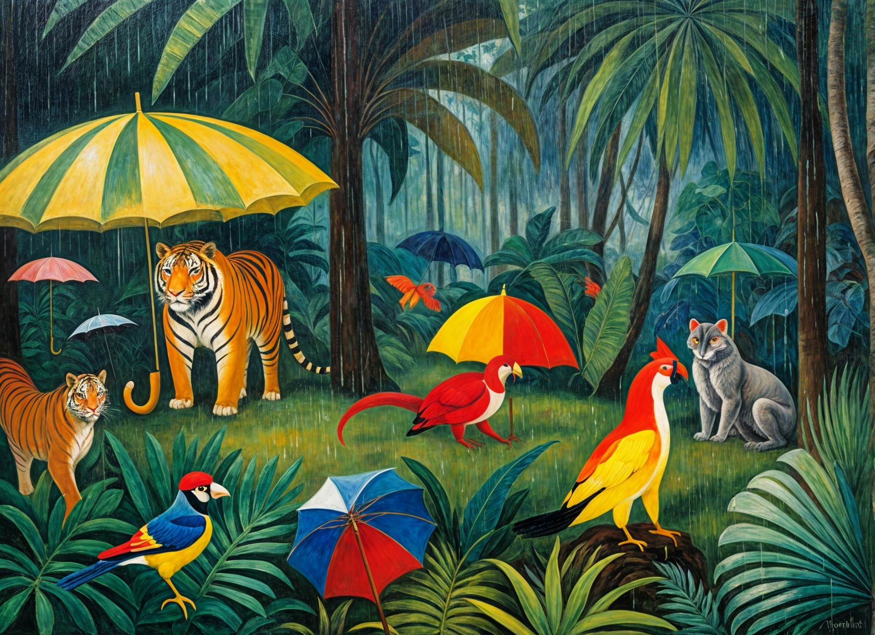 Vibrant Jungle Scene with Tigers and Colorful Birds