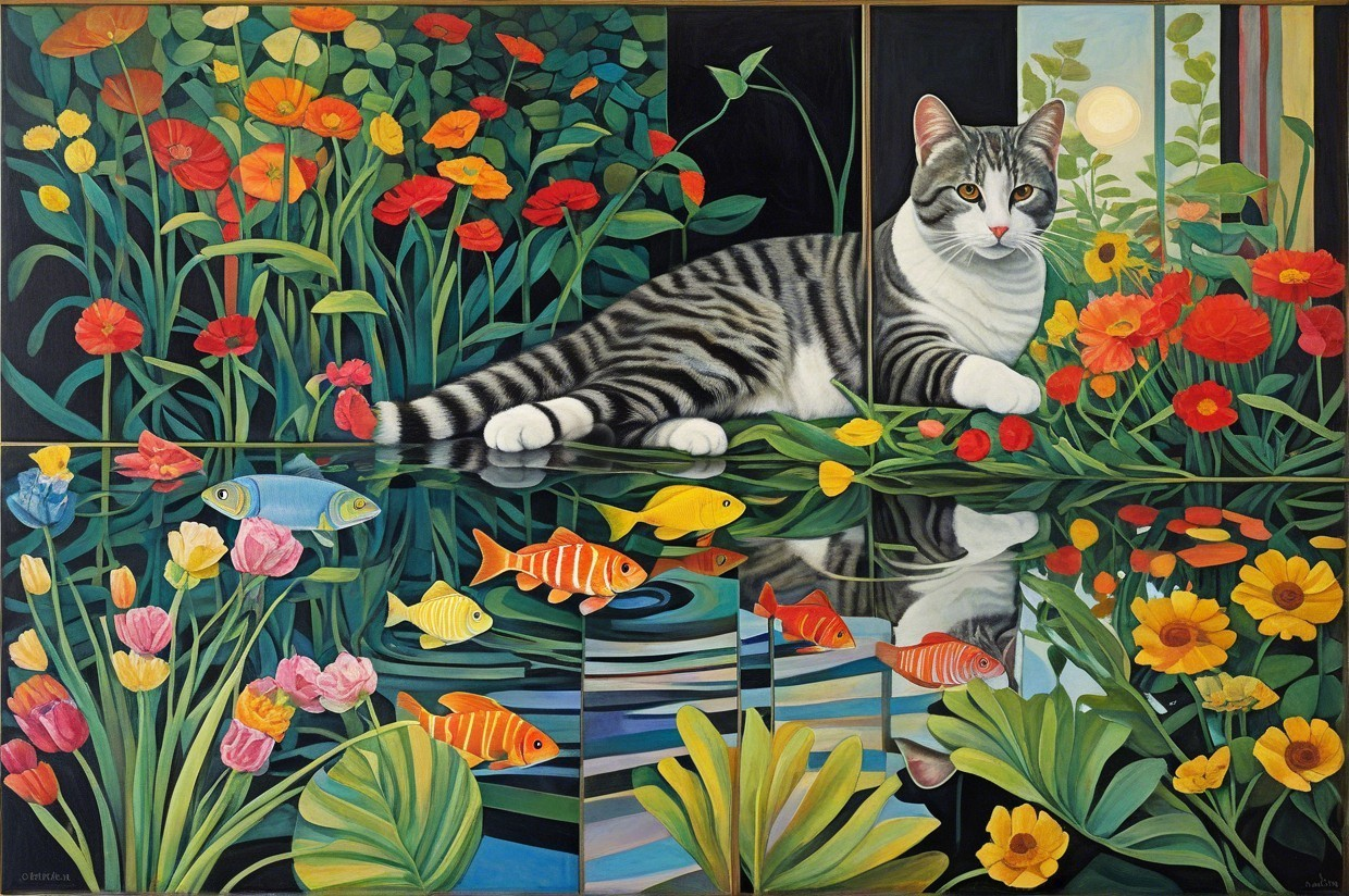 Whimsical Artwork of Cat Among Colorful Flowers