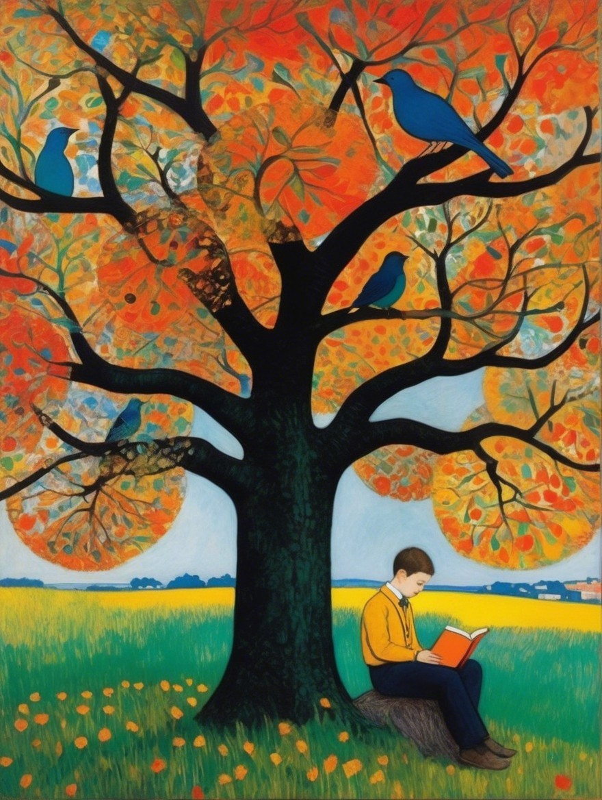 Young Boy Reading Under Vibrant Autumn Tree