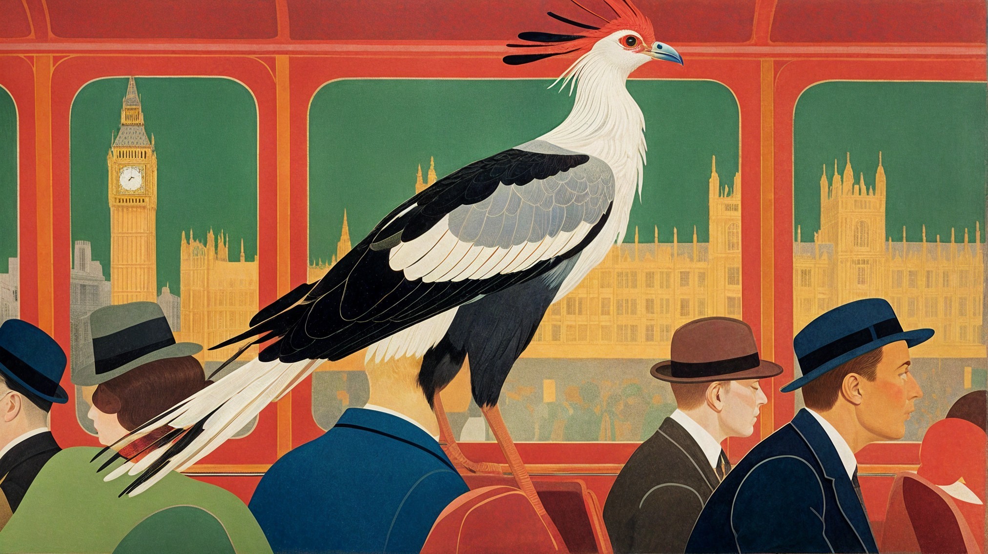 Stylized Bird in Bus with London Landmarks Background