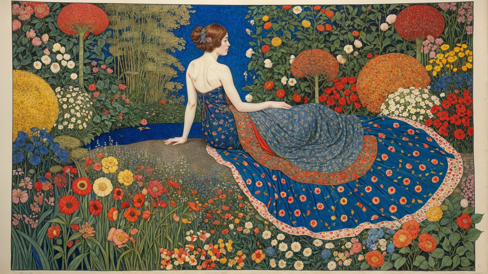 Serene Woman in Blue Gown by Vibrant Flower Pond