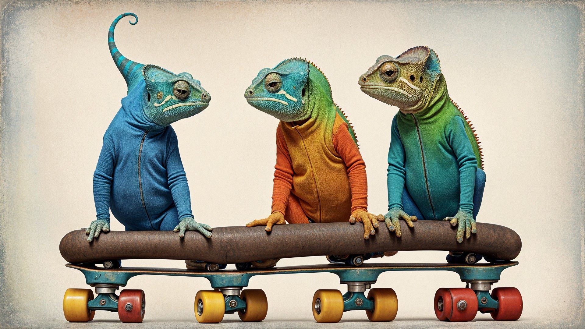 Colorful Lizards in Jumpers on a Skateboard Scene