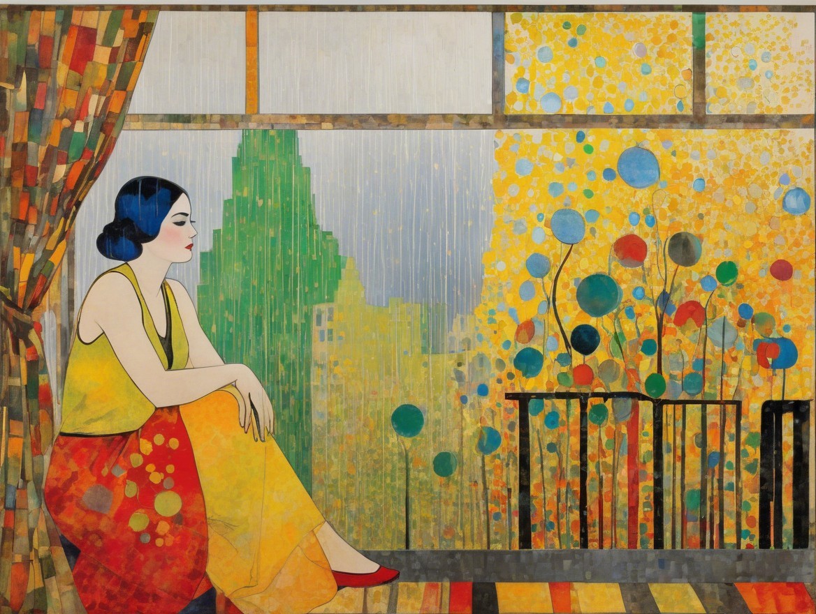 Woman in Yellow and Red Dress by Colorful Window