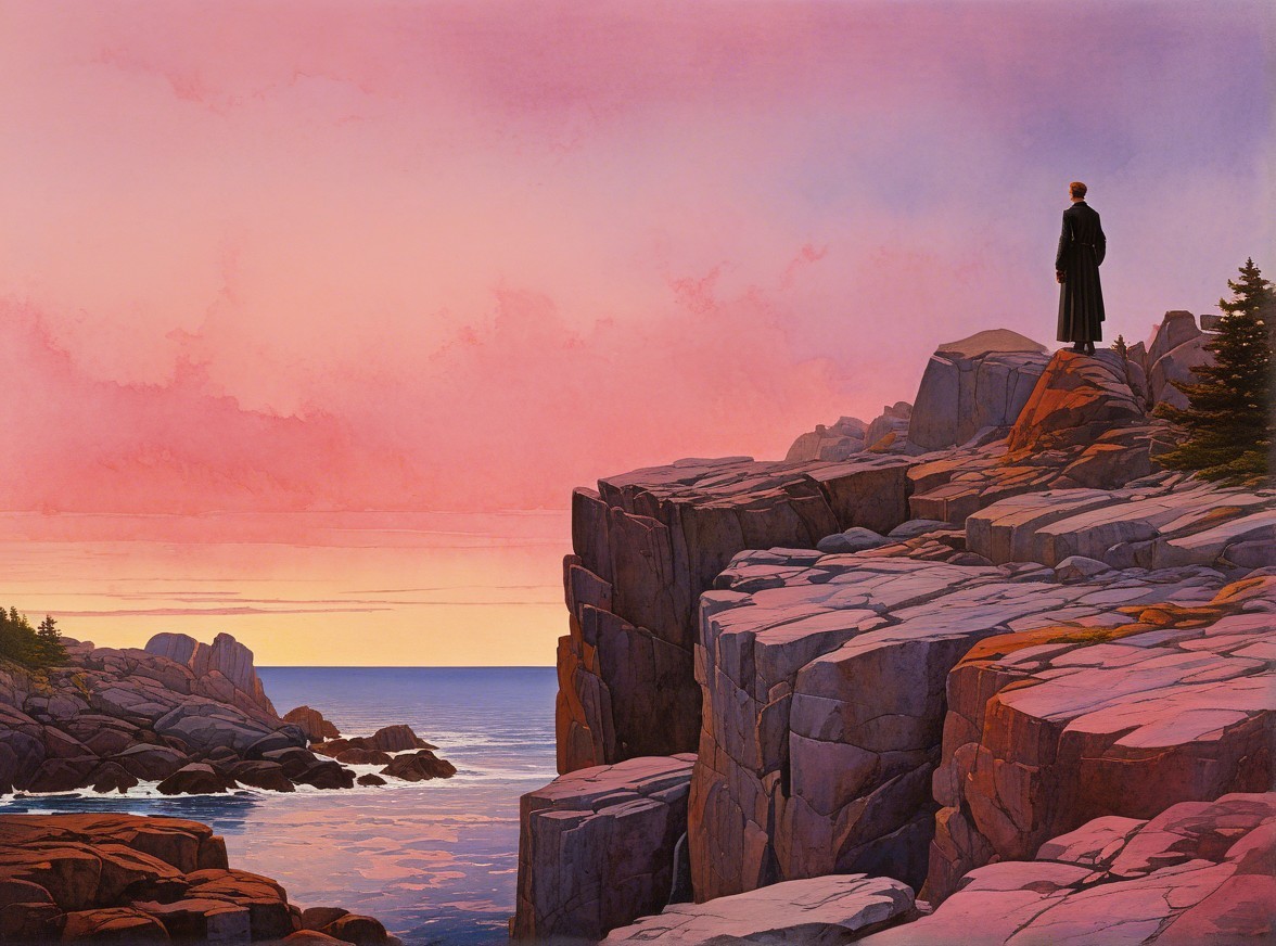 Solitary Figure on Cliffs Overlooking Serene Ocean Sunset