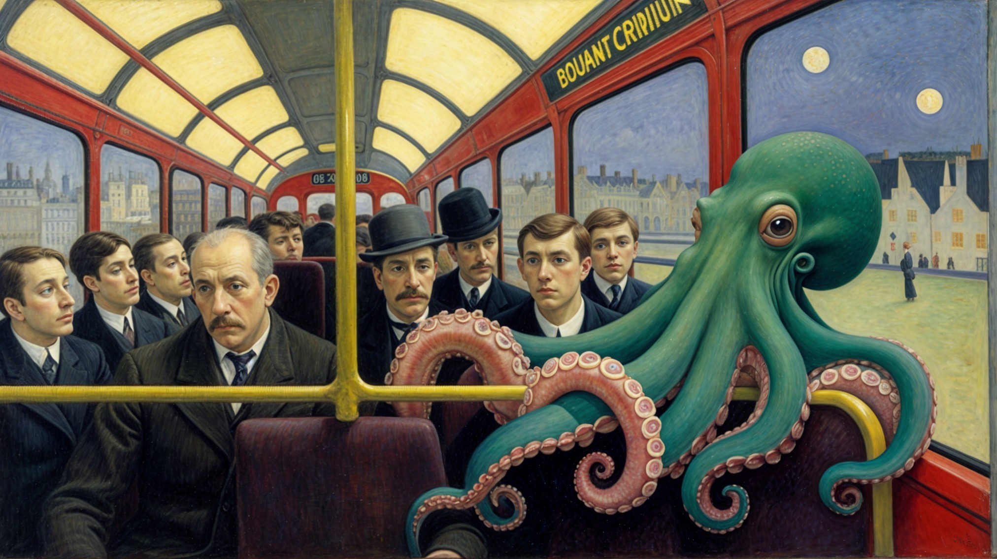Vintage Bus Scene with Men and an Octopus