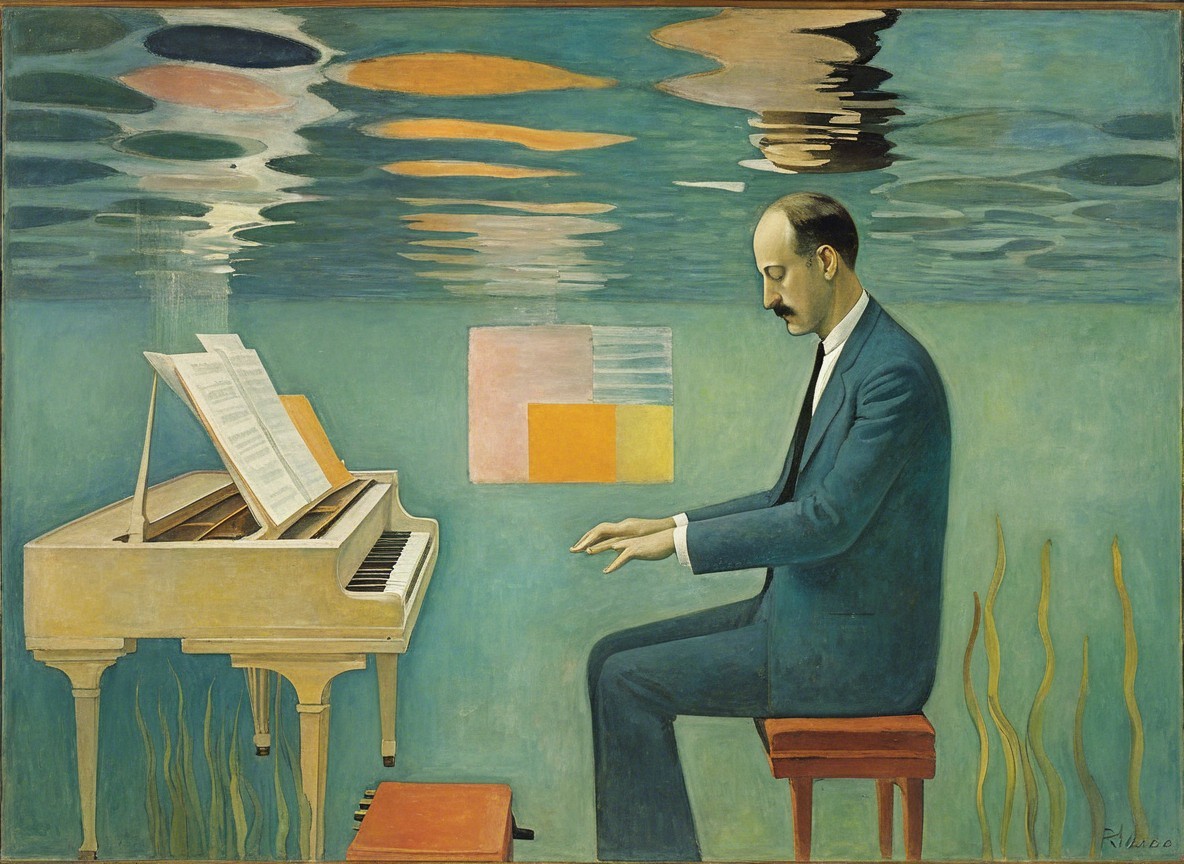 Surreal Scene of a Man at a Piano Underwater