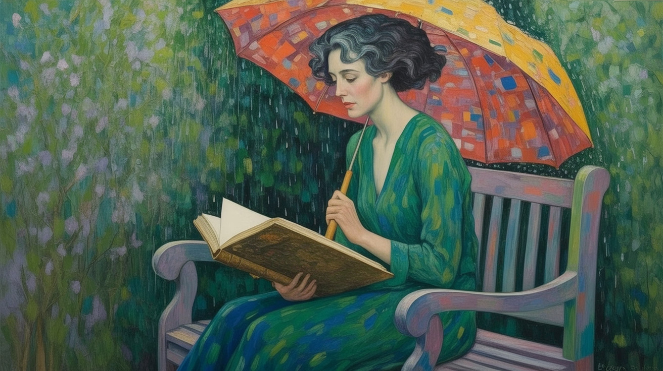 Woman Reading Under Umbrella in Serene Garden