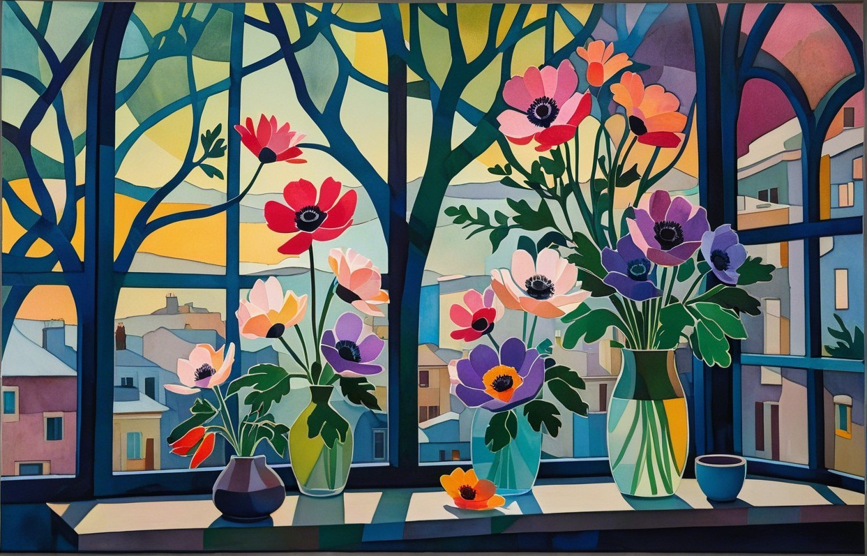 Colorful Flower Arrangement with Window View and Sunset
