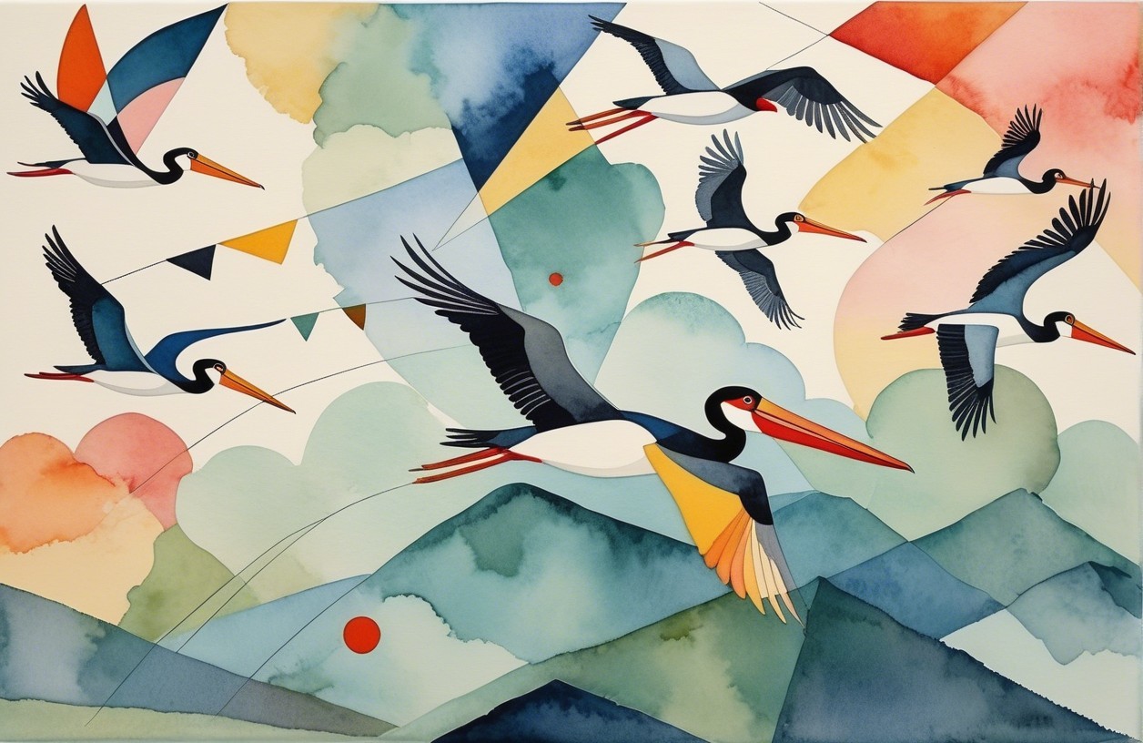 Colorful Storks in Flight Over Abstract Mountains