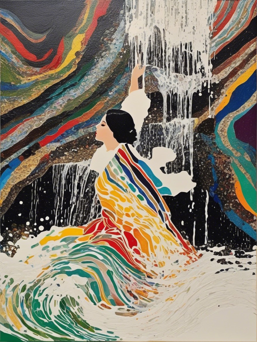Vibrant Artwork of Figure in Traditional Attire and Waves