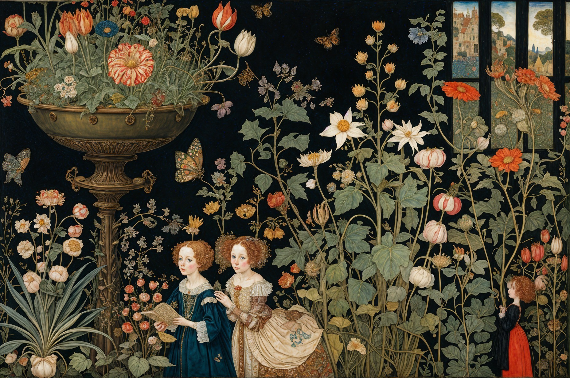 Girls in Garden with Floral Urn and Butterflies