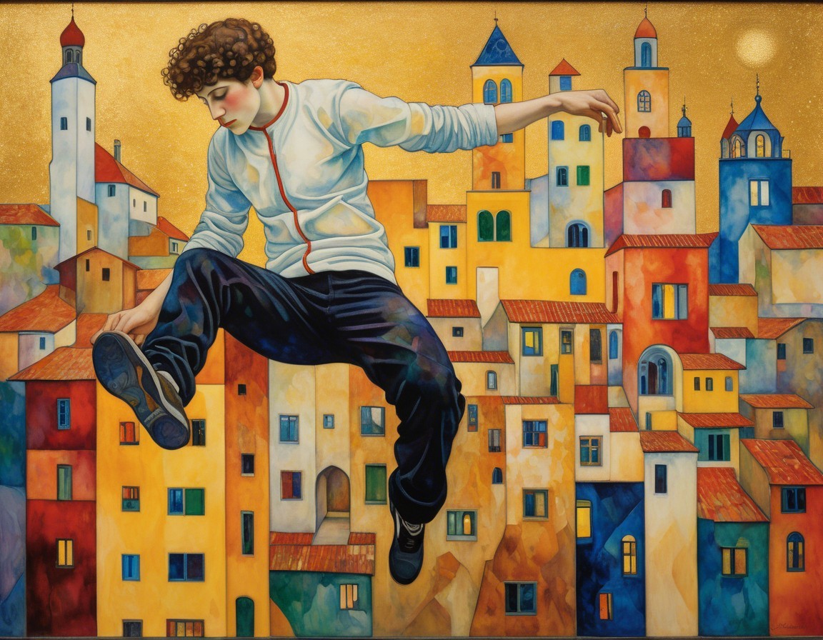 Young Figure Leaping Over Colorful Abstract Cityscape