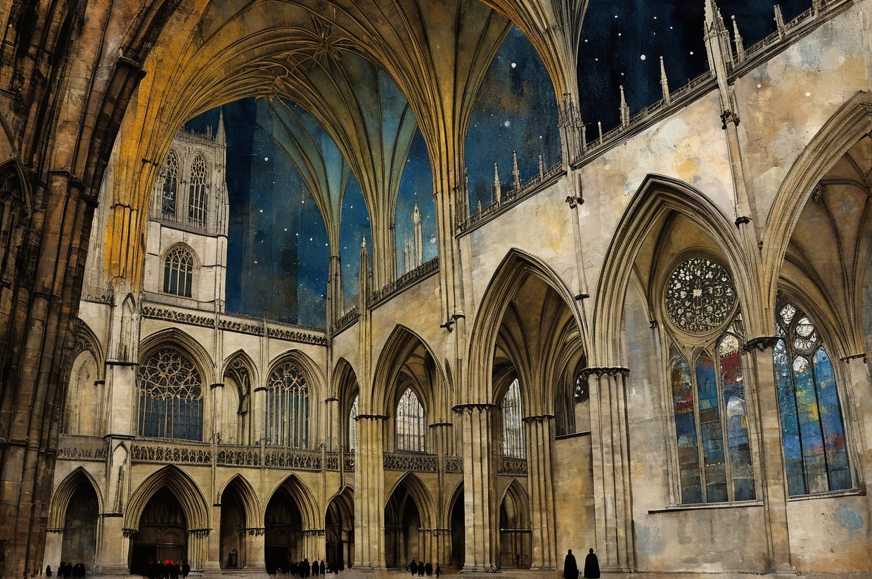 Gothic Cathedral Interior with Stained Glass and Arches