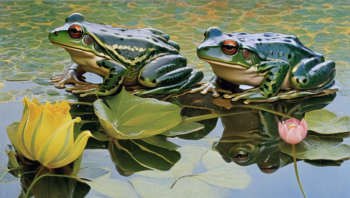 Vibrant Green Frogs on Lily Pads in Tranquil Pond