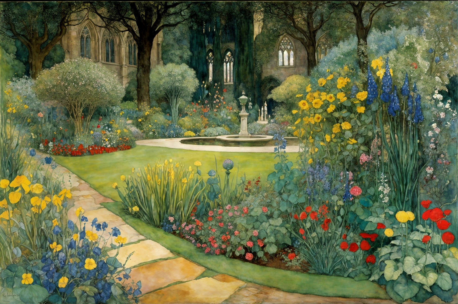 Tranquil Garden with Fountain and Vibrant Flowers