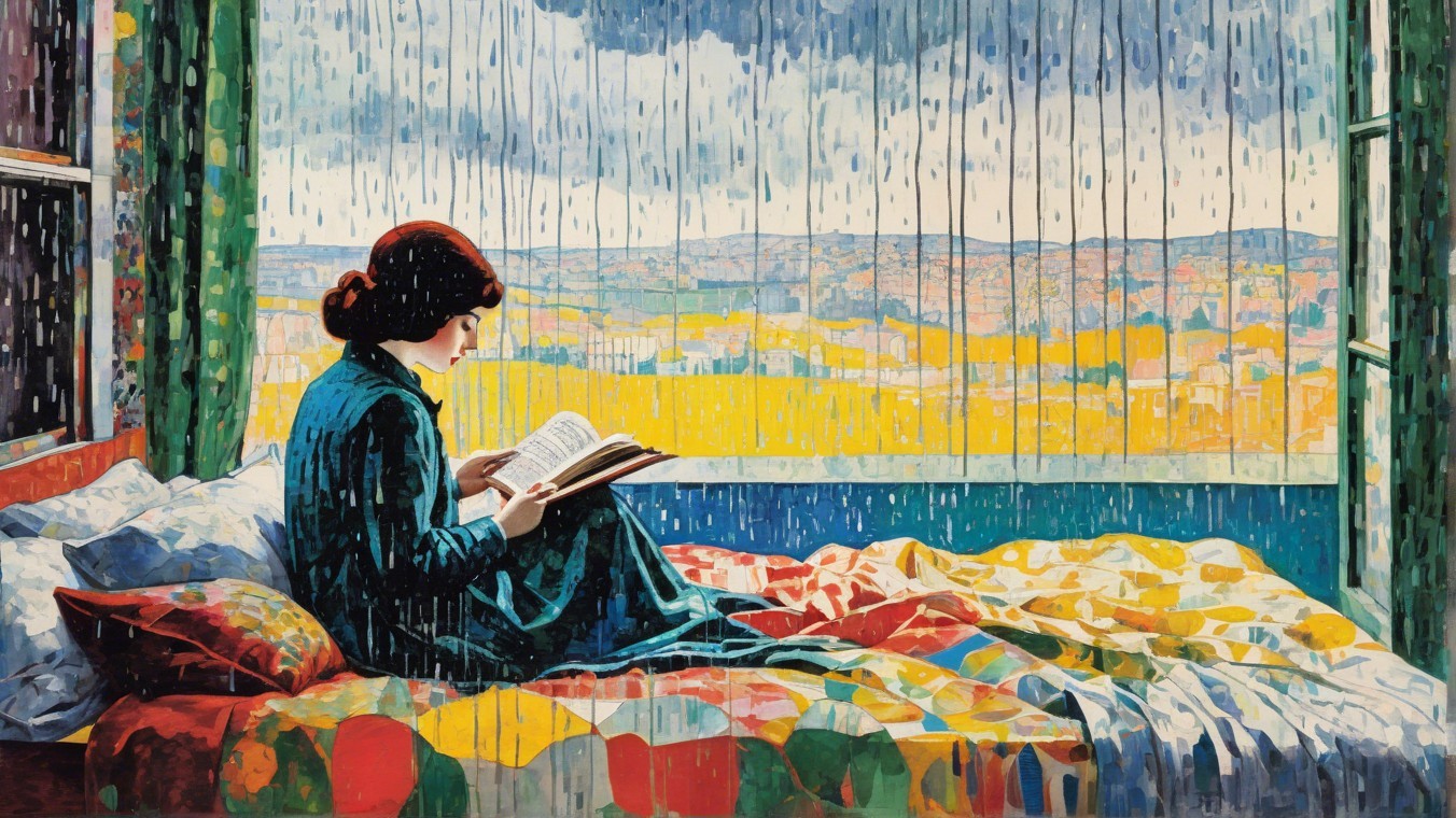 Woman Reading on Colorful Bedspread with Rainy View