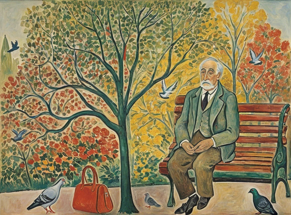 Elderly Man in Park Surrounded by Autumn Trees