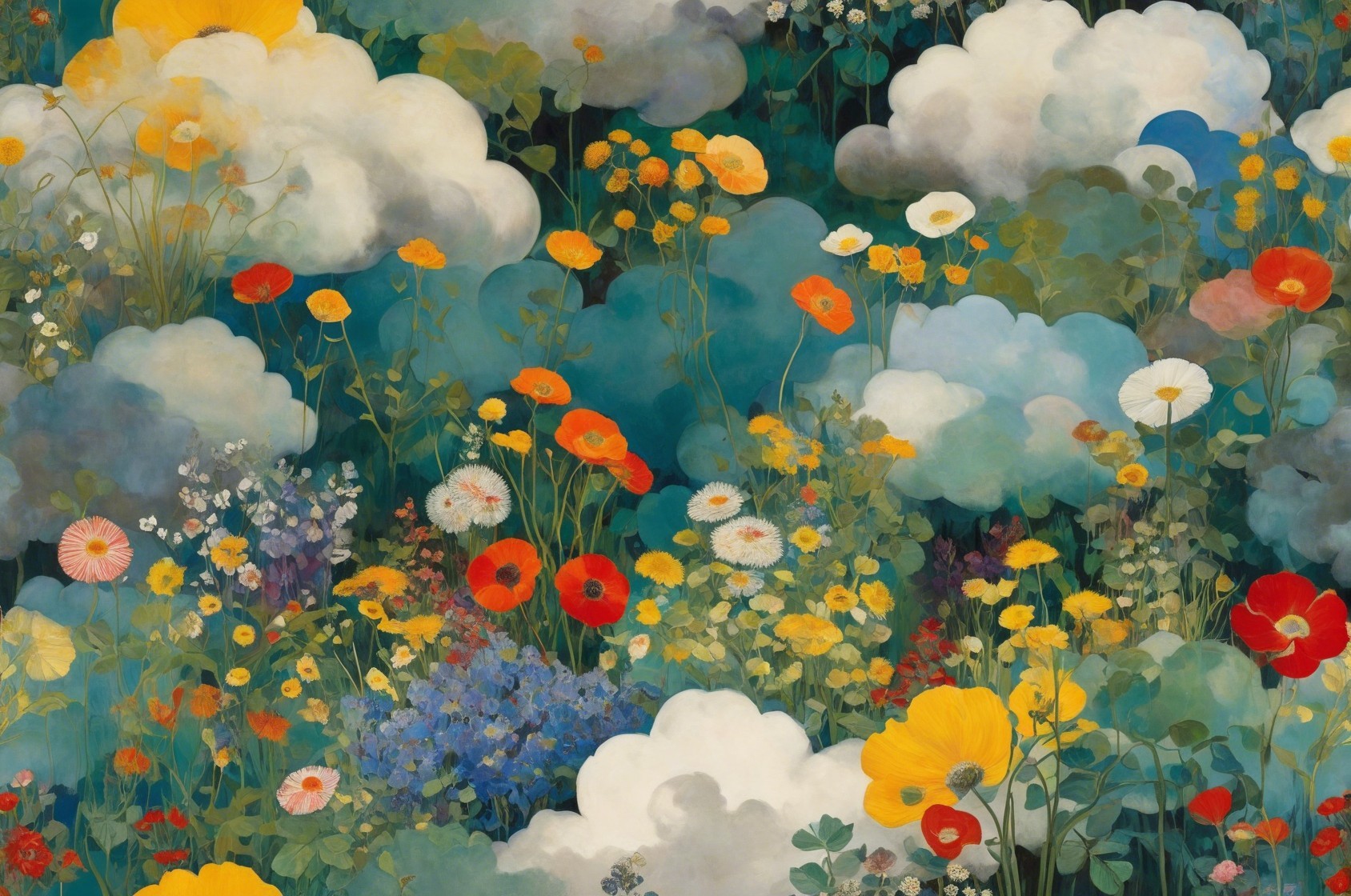Oil Painting of Poppy Field with Colorful Clouds