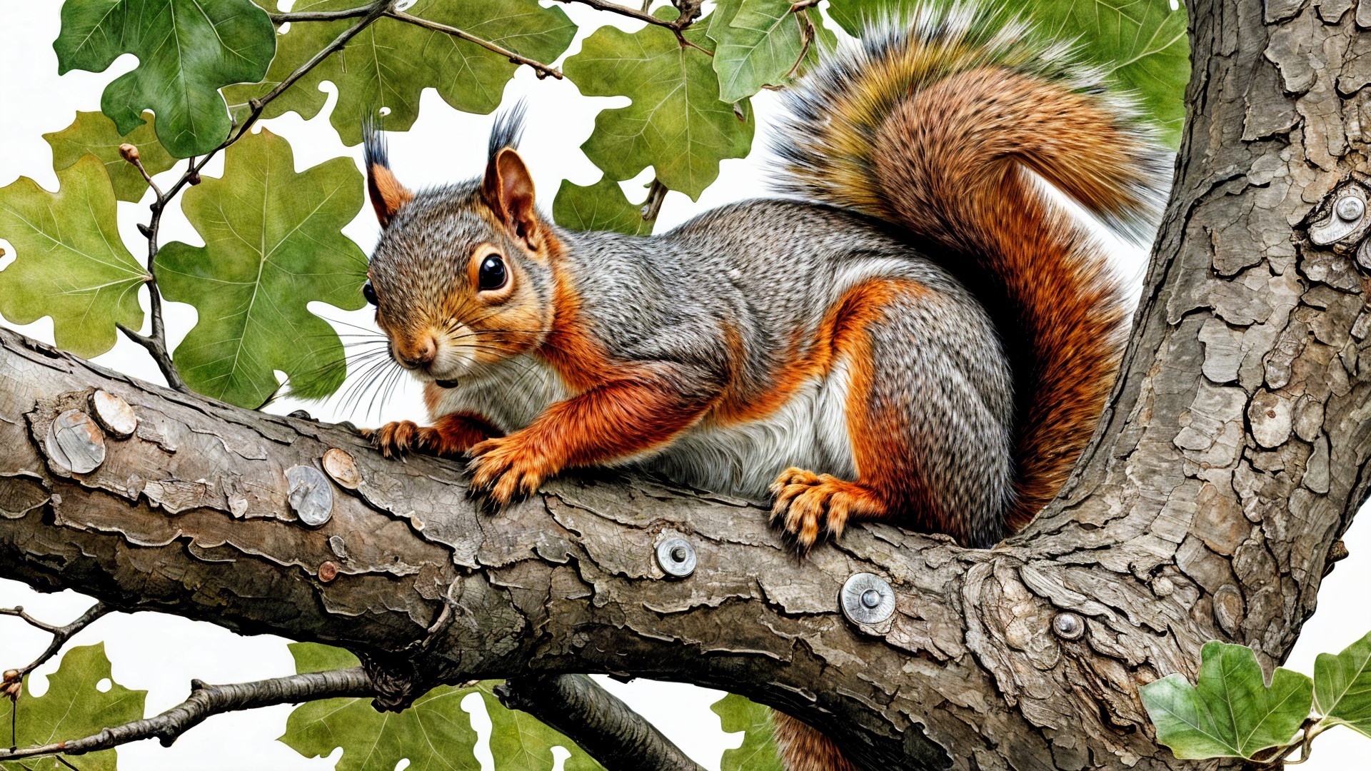Illustration of a squirrel on a tree branch with leaves