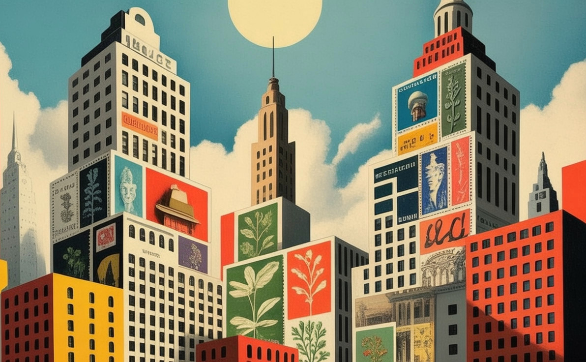 Vibrant City Skyline with Colorful Graphic Buildings