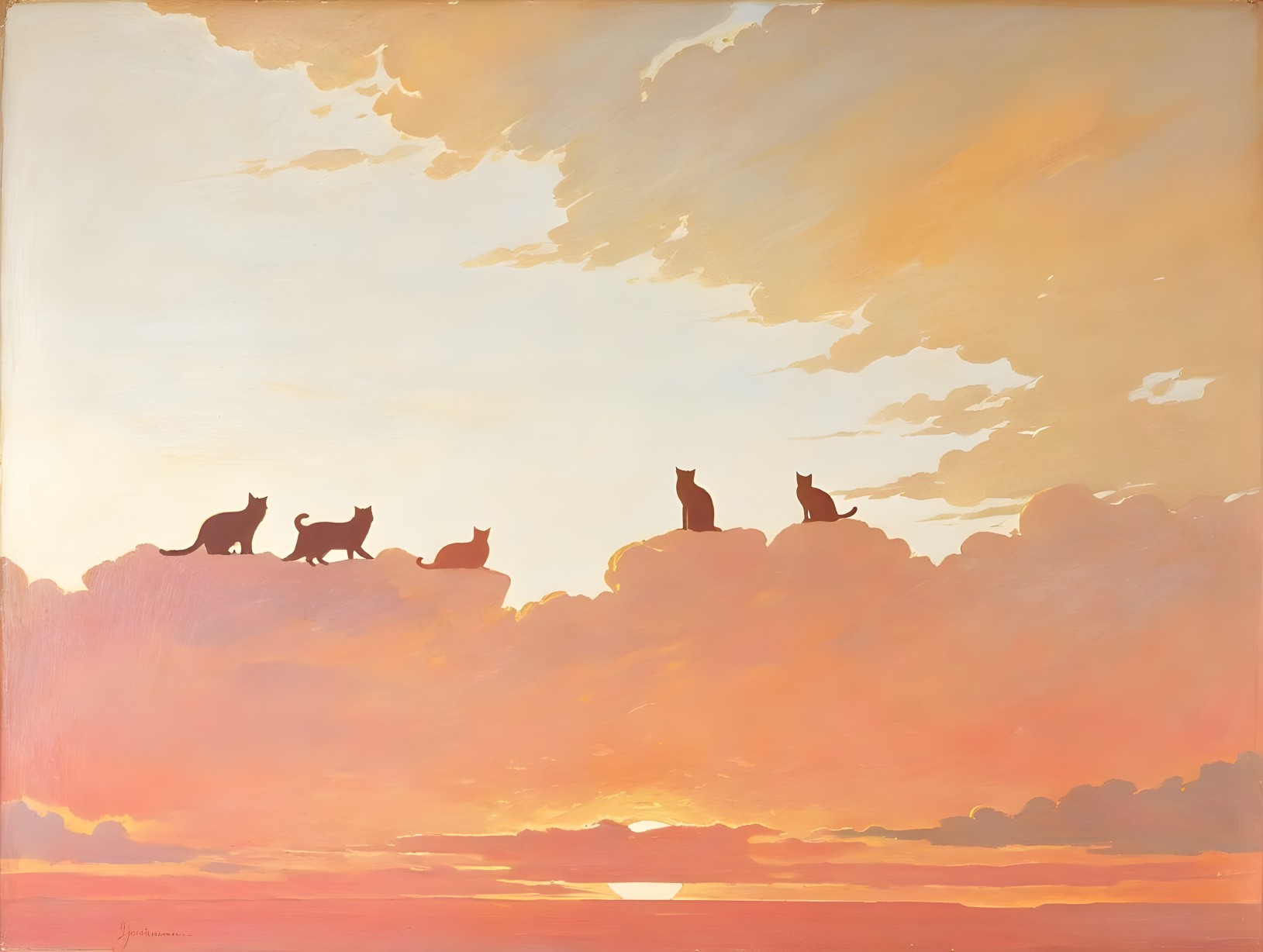 Serene Sunset with Cats on Fluffy Clouds