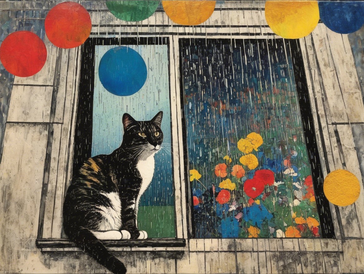 Serene Cat on Windowsill Overlooking Colorful Garden