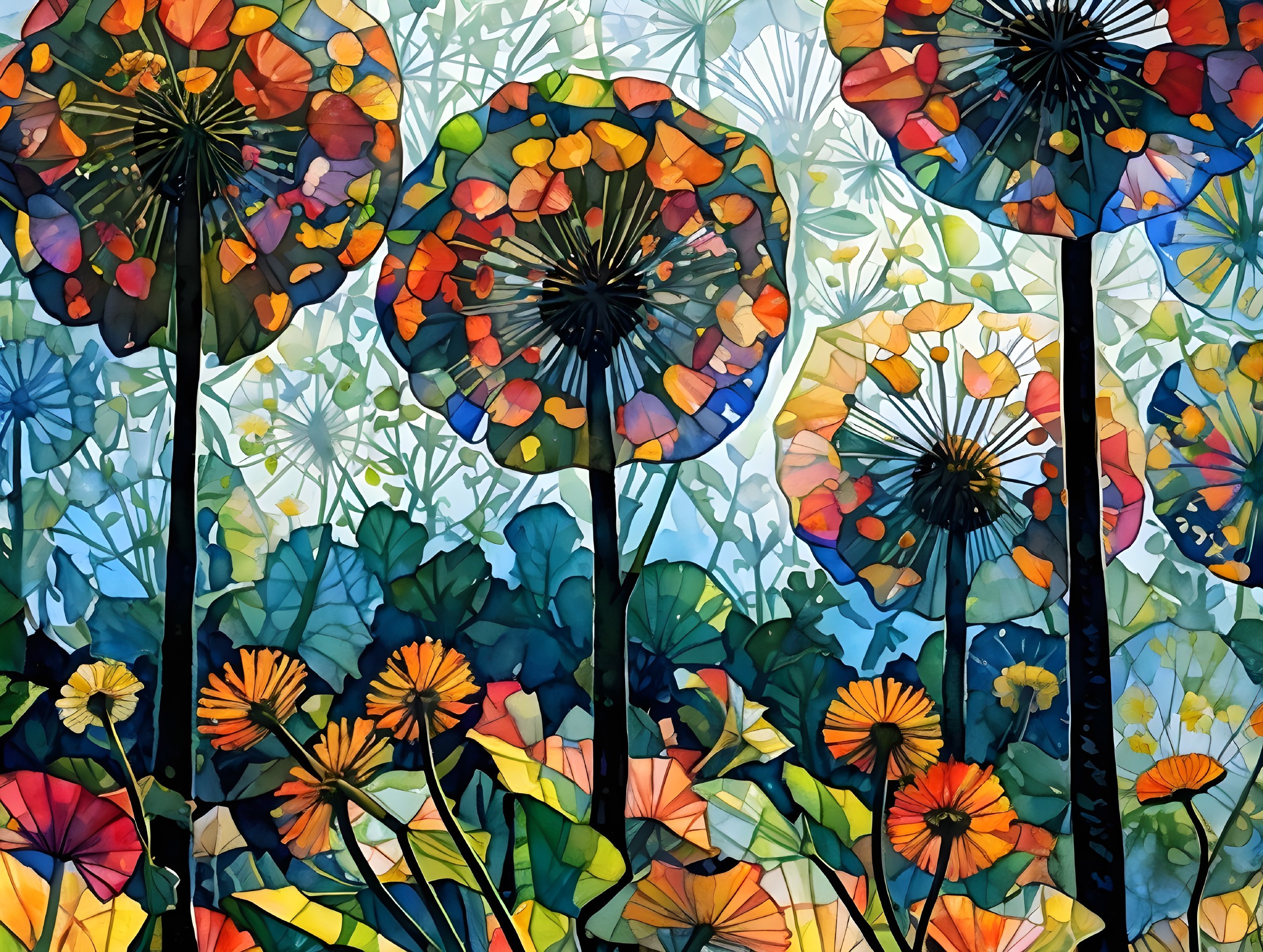 Vibrant Stained Glass Illustration of Colorful Flowers