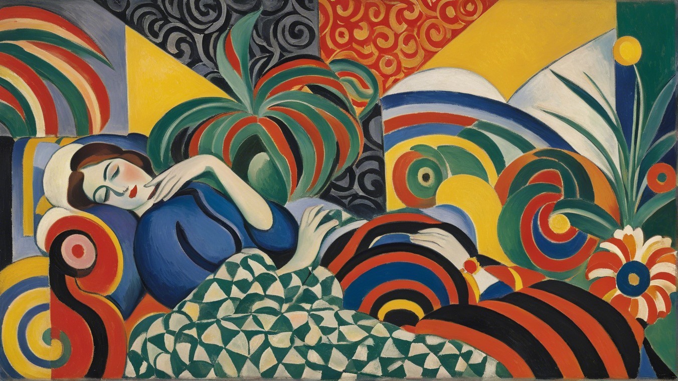 Serene Female Figure on Colorful Couch with Patterns