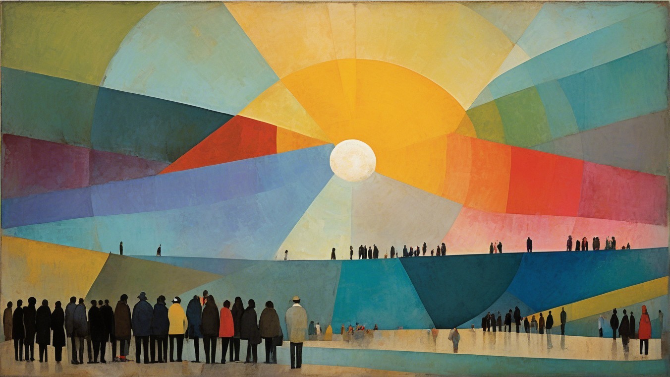 Vibrant Abstract Landscape with Silhouetted Figures