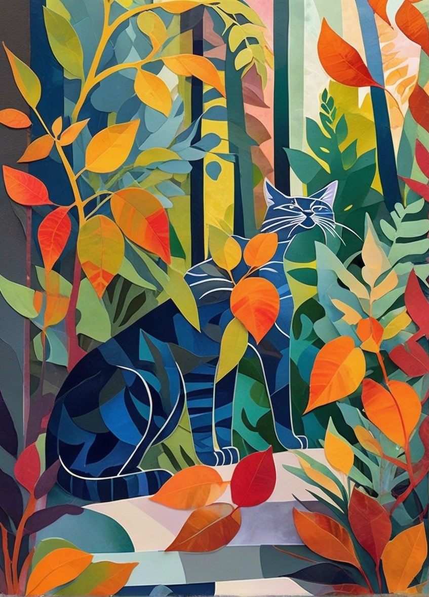 Abstract Cat Illustration Surrounded by Colorful Foliage