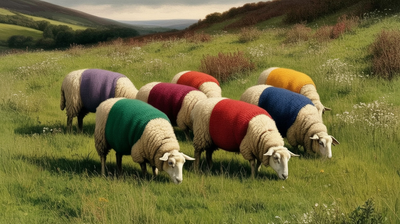 Colorful Sheep Grazing in a Scenic Landscape