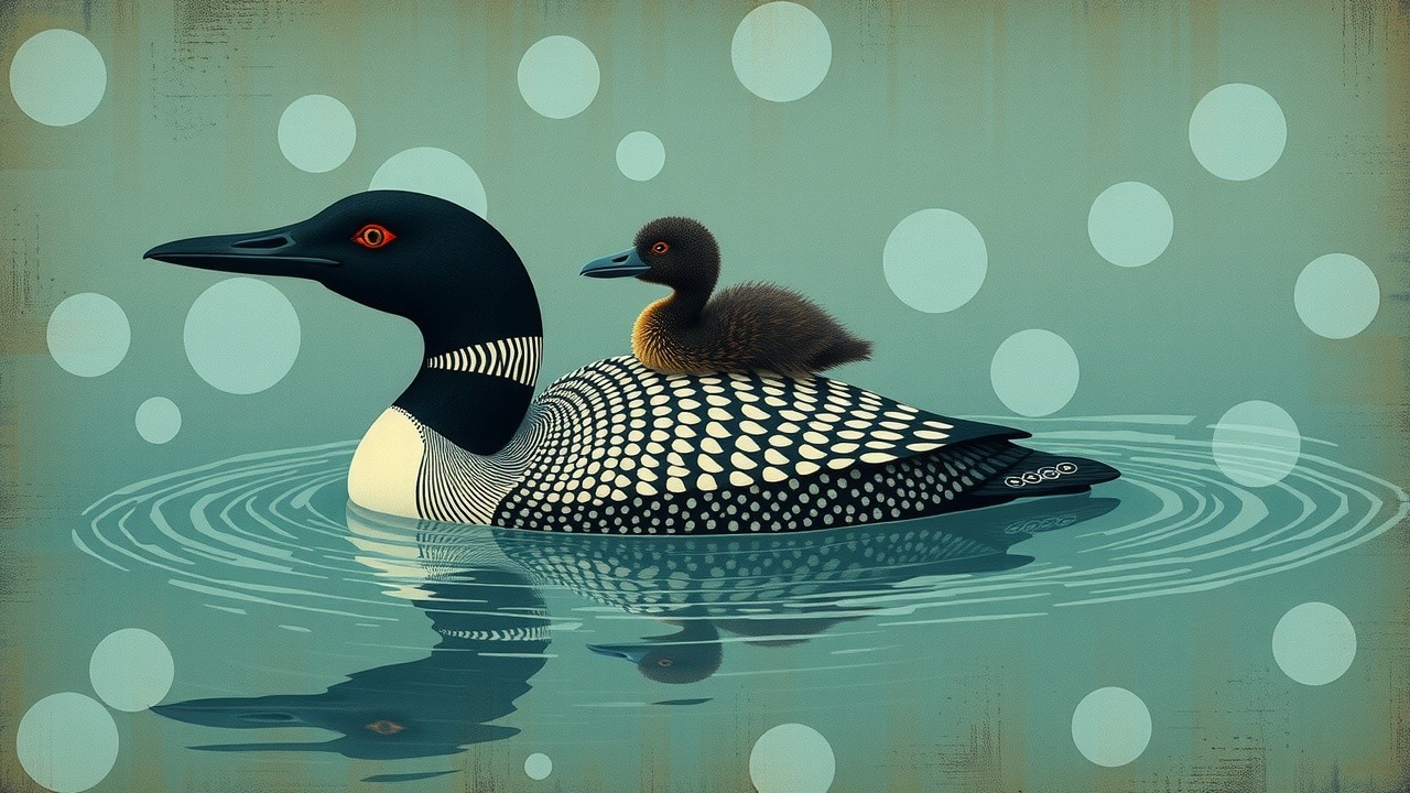 Stylized Loon with Chick on Water Illustration