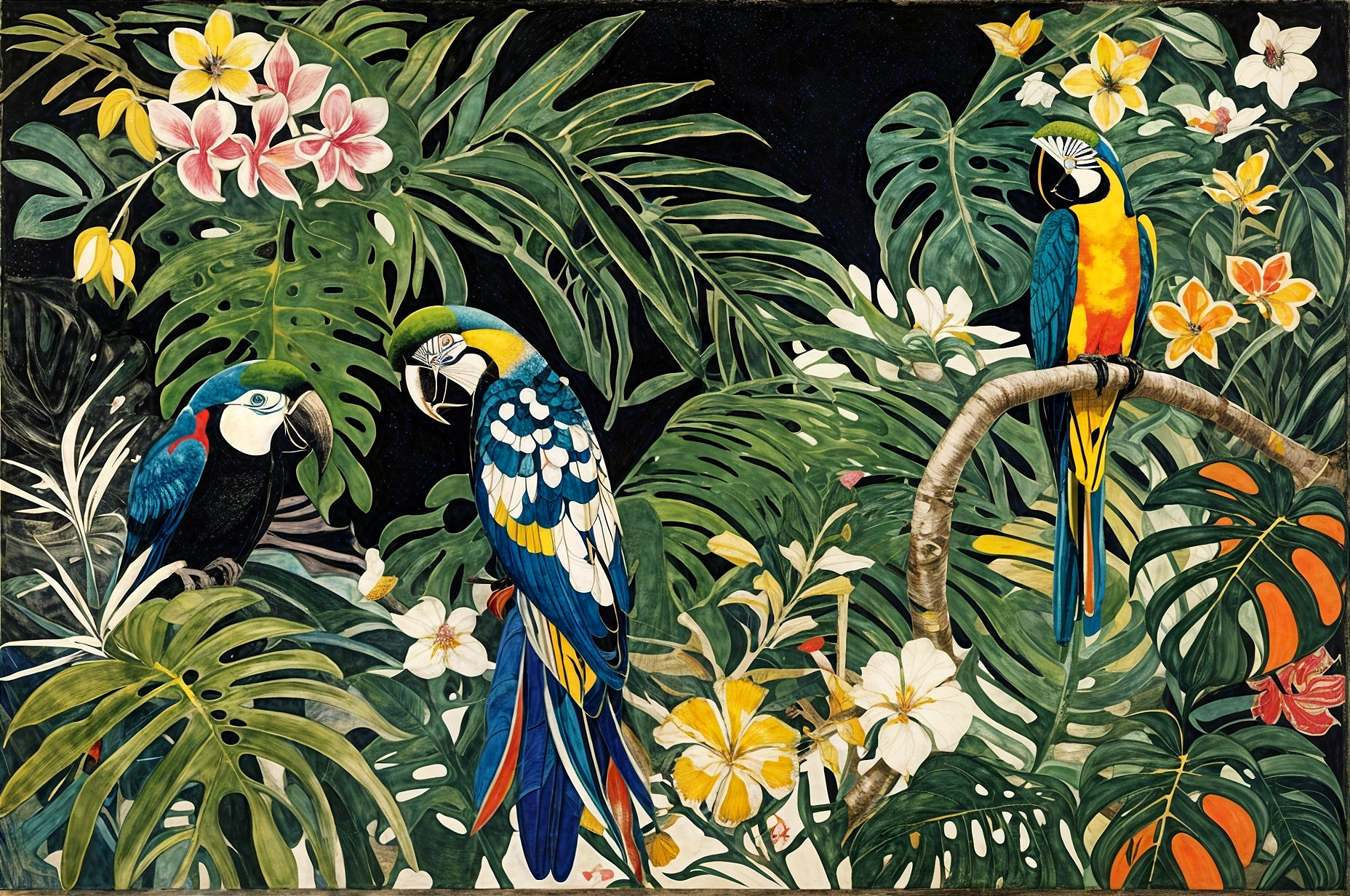 Vibrant Tropical Scene with Colorful Parrots and Foliage