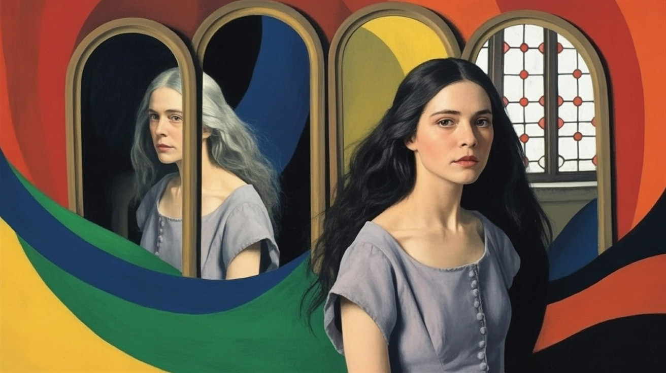 Young woman with dark hair and silver reflection in mirror