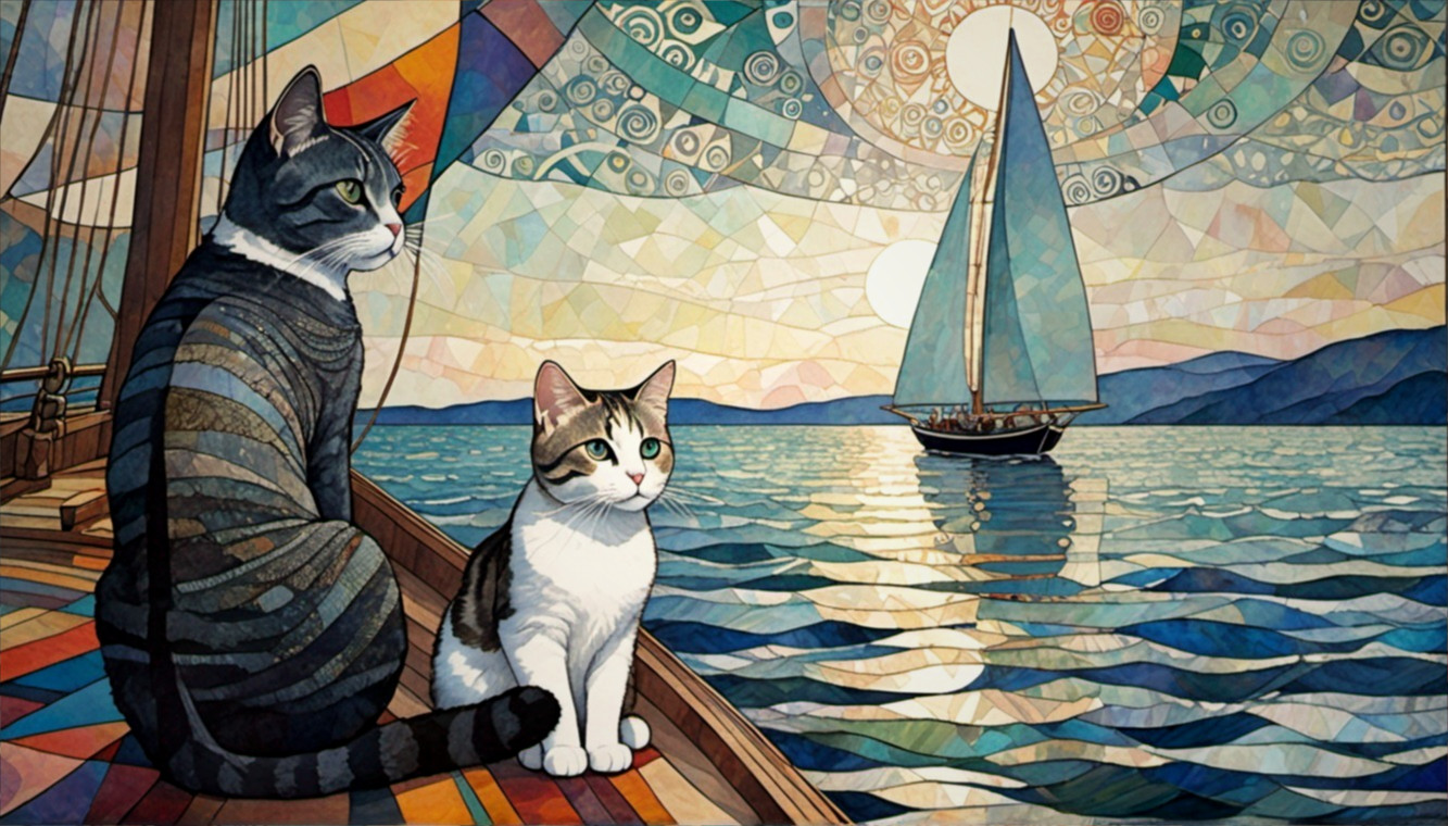 Stylized Artwork of Cats on a Boat with Seascape