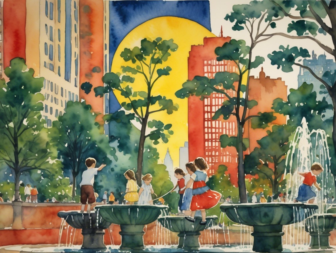 Children Playing in Fountain at City Park Watercolor