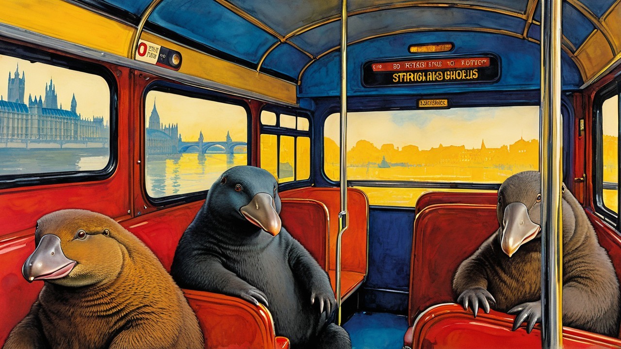 Platypuses in Vintage Double-Decker Bus Interior