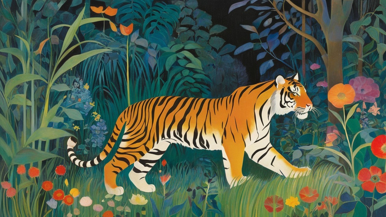 Striped tiger in a vibrant jungle setting illustration