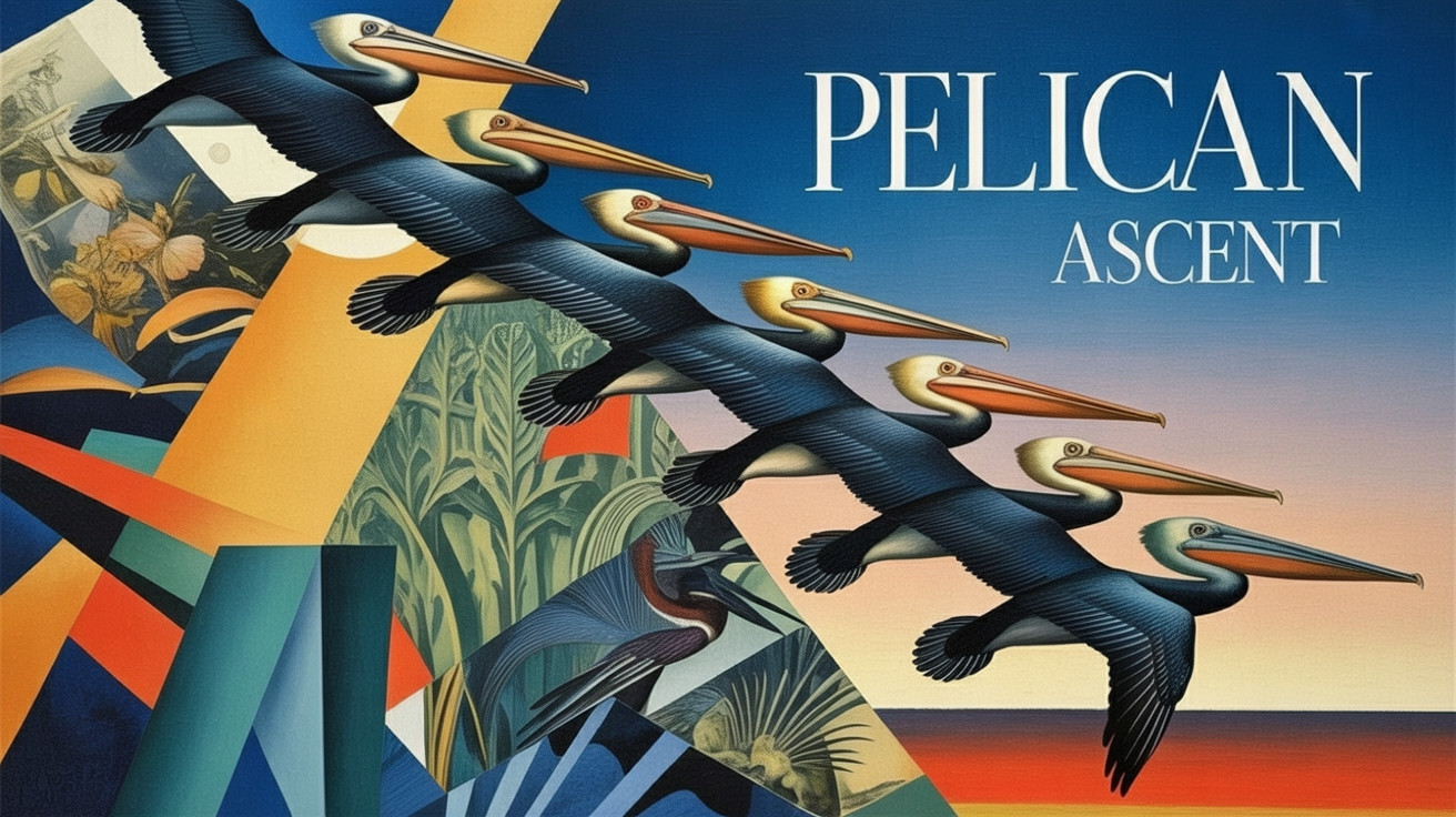 Vibrant Artwork of Pelicans in Flight with Colors