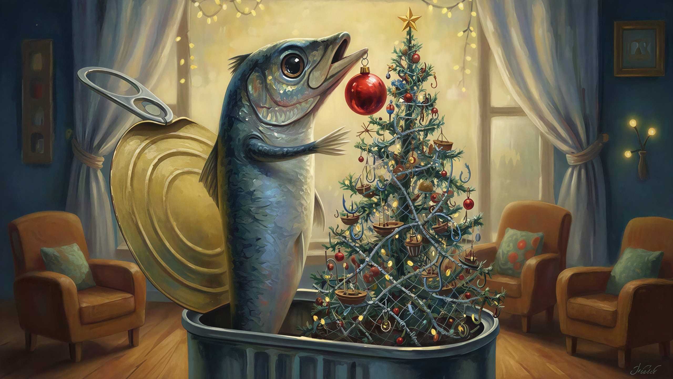 Whimsical Fish Decorating Christmas Tree in Sardine Can