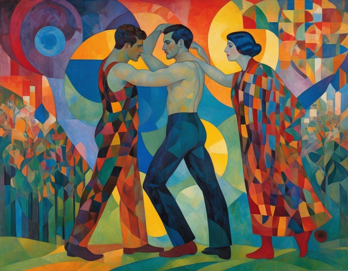 Dynamic Embrace with Vibrant Geometric Background