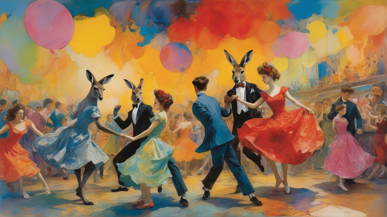Vibrant Dance Scene with Colorful Balloons and Masks